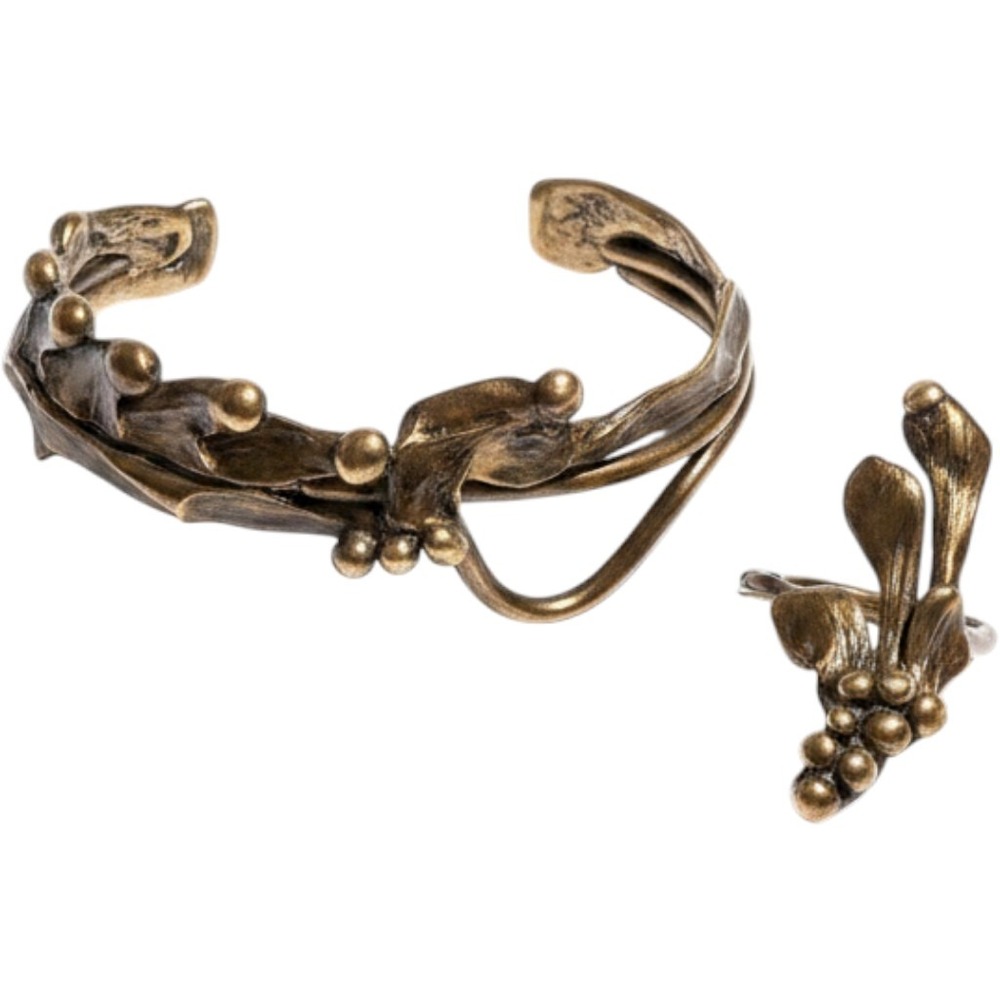 Bronze Cuff Bracelet Ring Set Vintage Brutalist Artisan Leaf Vine Floral Artsy